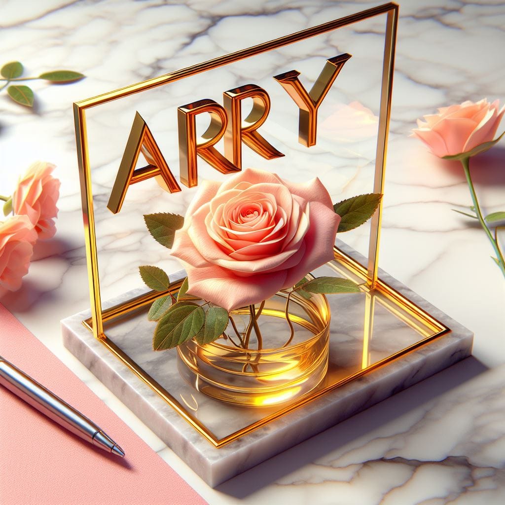 324. PROMPT:
 Create an image of 3d glass with "ARY" Name written in golden colo...