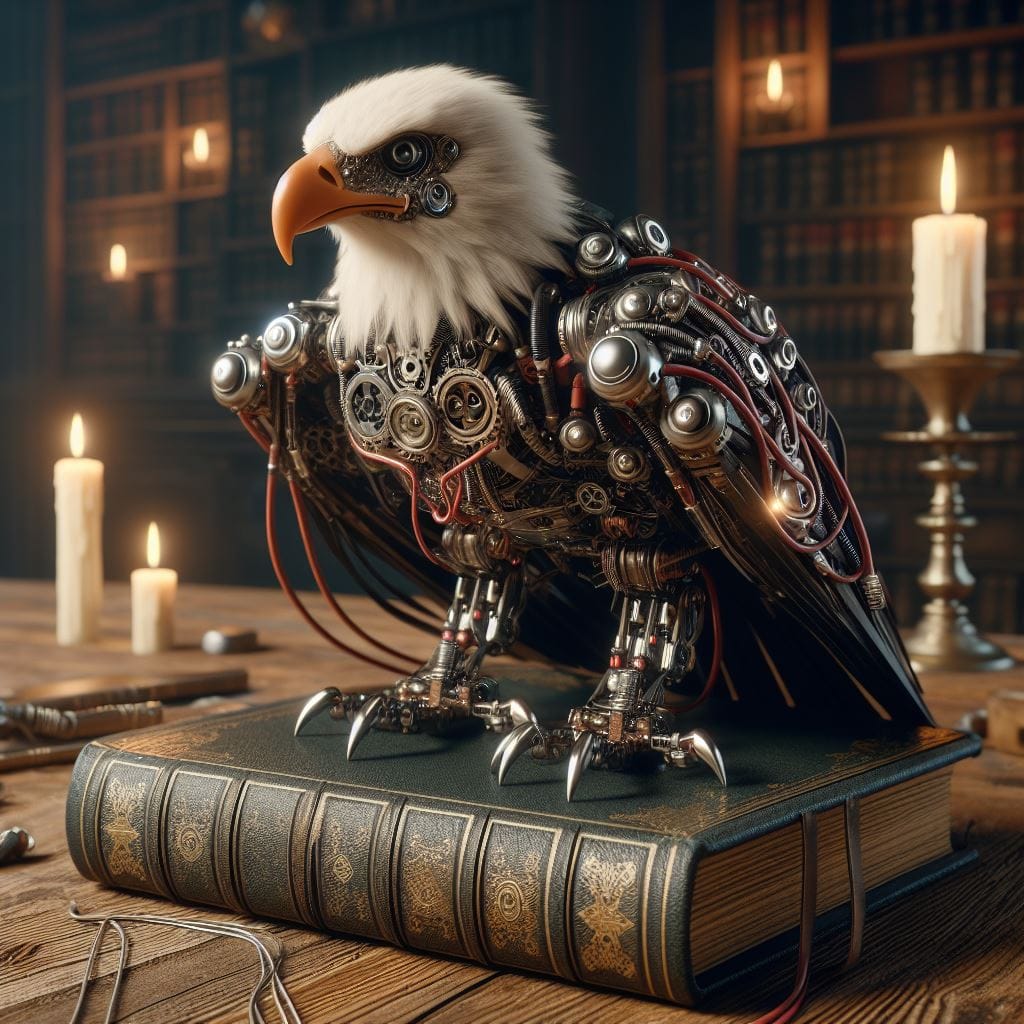 328. PROMPT:
 A photorealistic robotic eagle sitting on a thick old spellbook on...