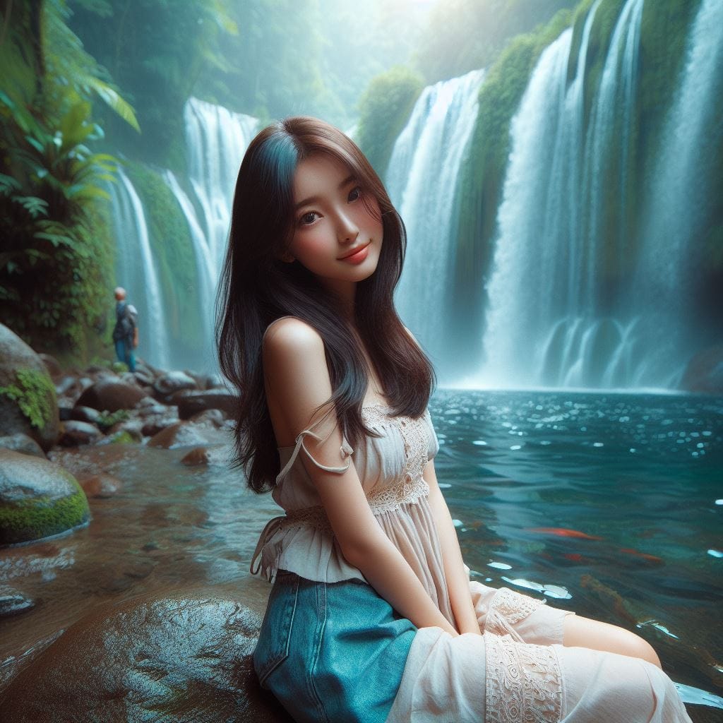 33. Prompt:
 seorang wanita cantik lucu rambut tipis Indonesia, menikmati air te...