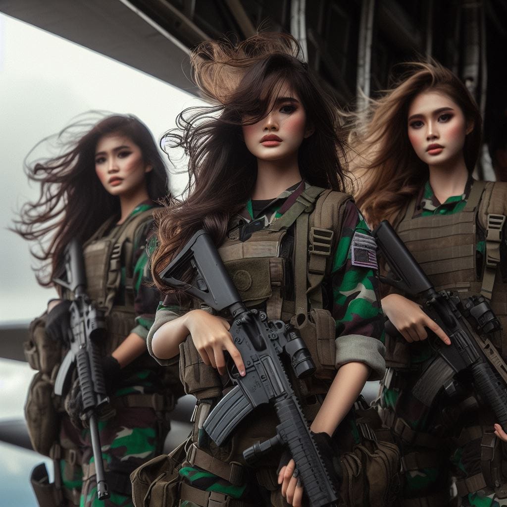 339. PROMPT:
 some paratropper indonesian beautiful girls with gun wearing army ...