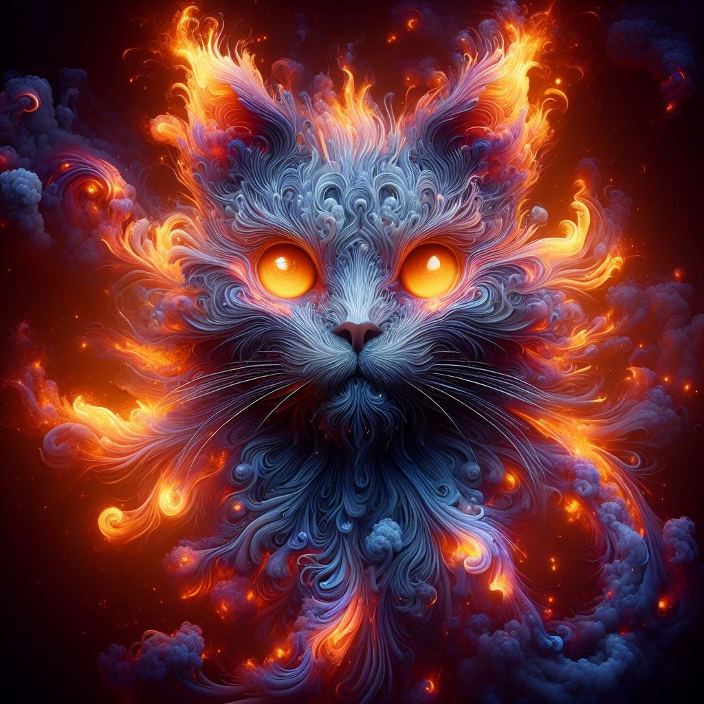370. PROMPT:
 a cat shaped like flames with glowing eyes, in the style of detail...