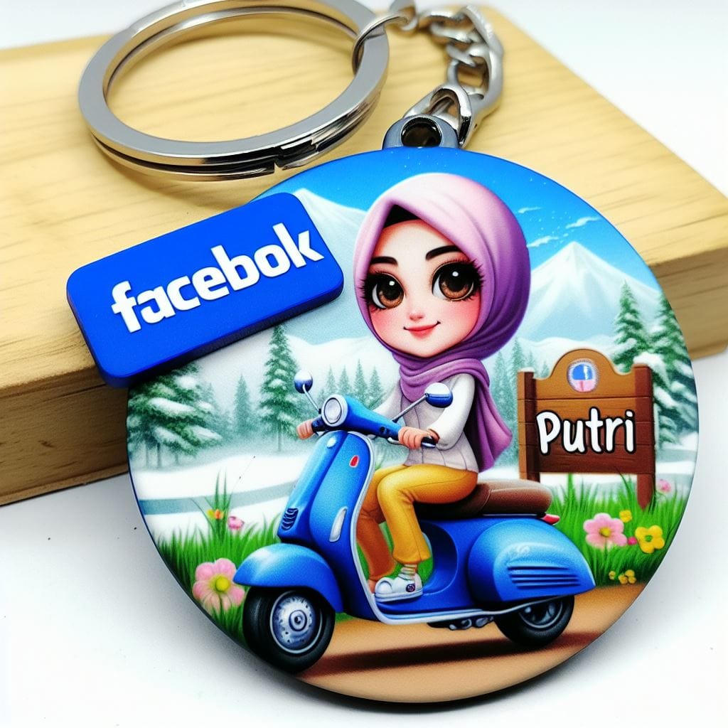 374. PROMPT:
 A caricatur colorful keychain featuring a Facebook logo and a beau...