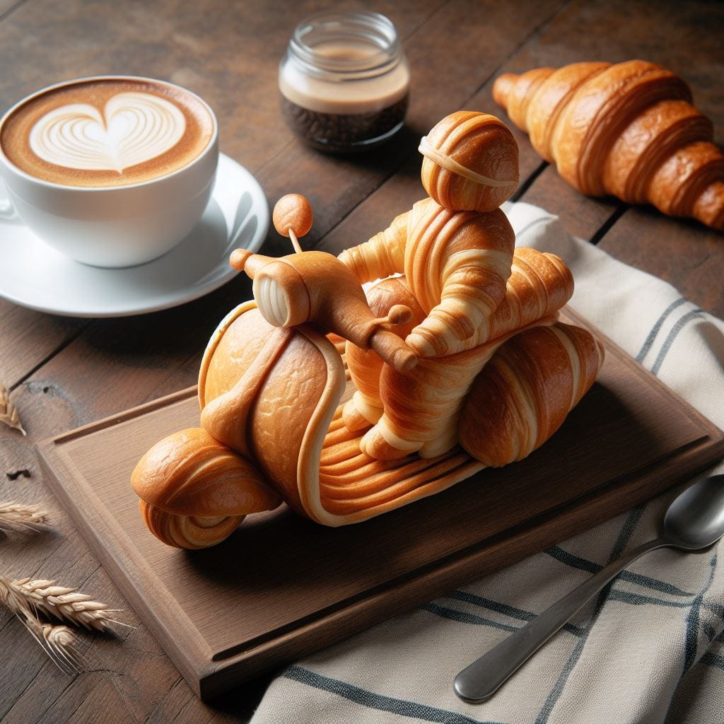 376. PROMPT:
 create an image with the croissant crafted to resemble a seated (V...