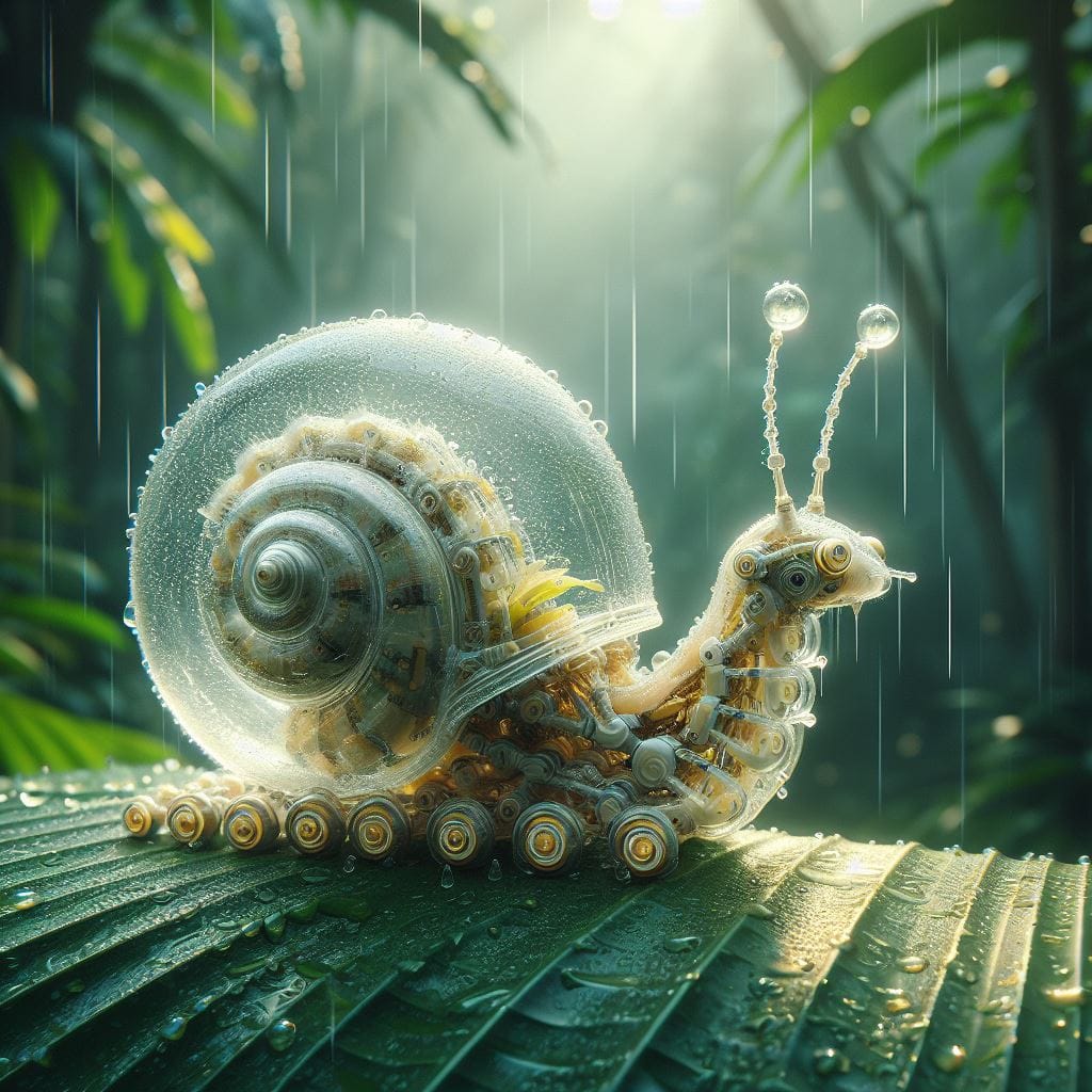 392. PROMPT:
 Pictures of a mechanical snail, transparent shell, walking on bana...