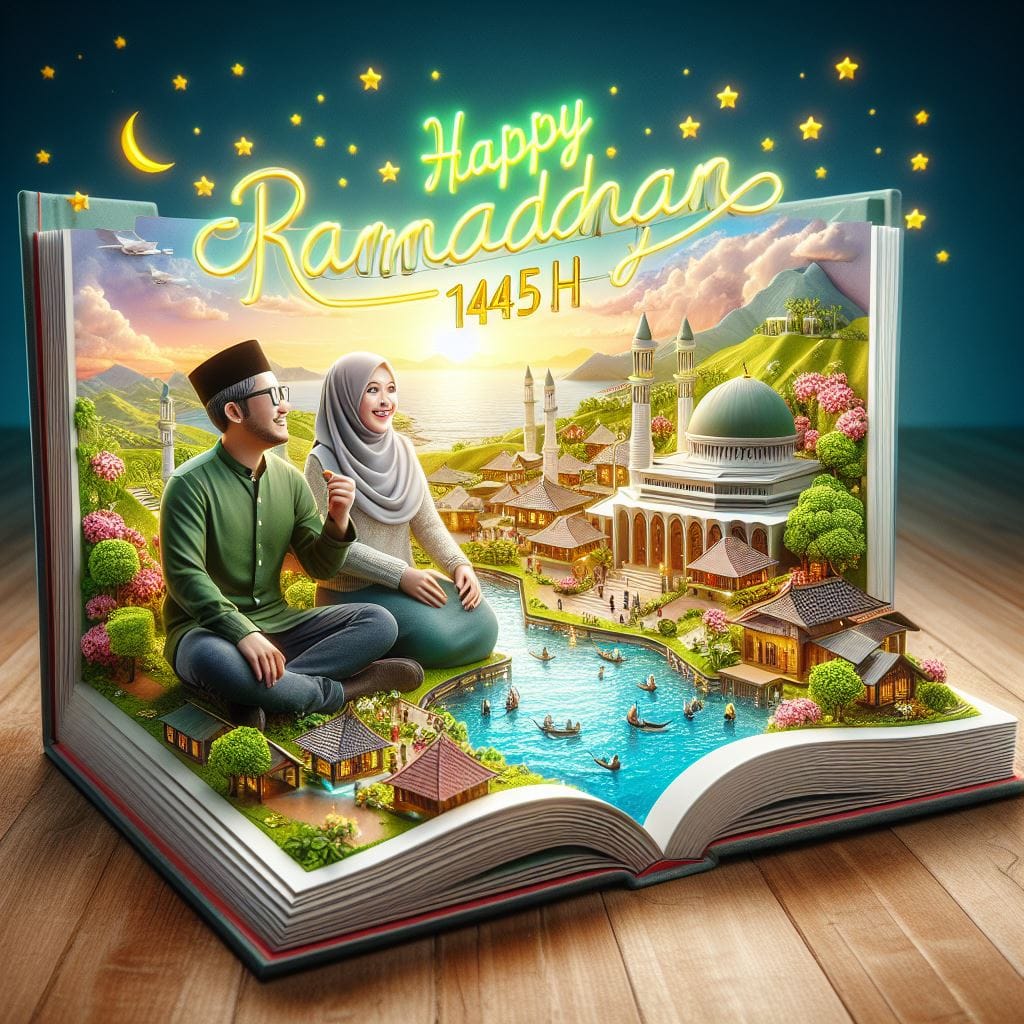 397. PROMPT:
 4D Art Indonesian man and Woman Hijab sitting smiling looking at a...