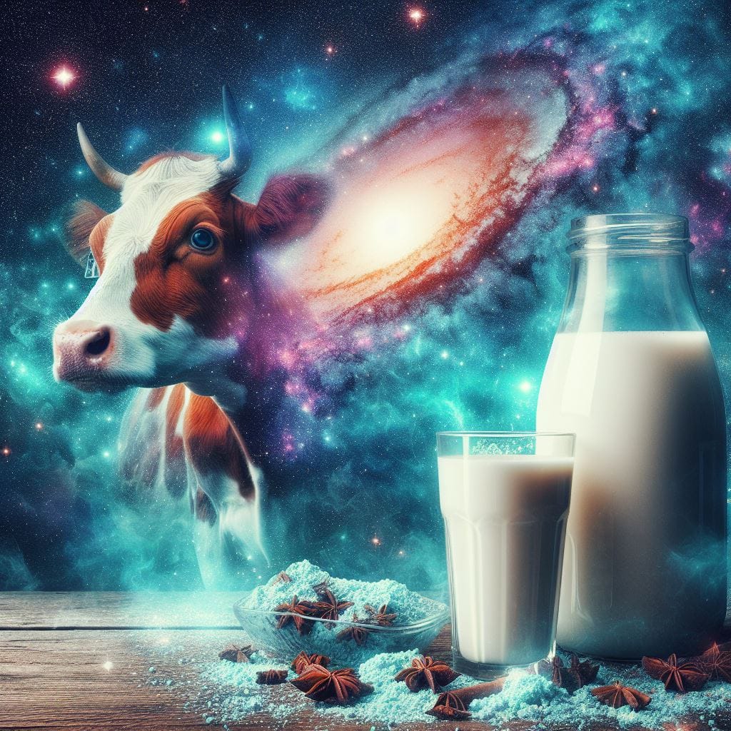 398. PROMPT:
 Digital art, product milk and cow beside the milk, photographic, r...