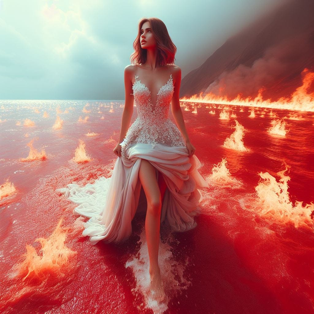 408. PROMPT:
 createa a beautiful woman steps out of the ocean fire red front vi...