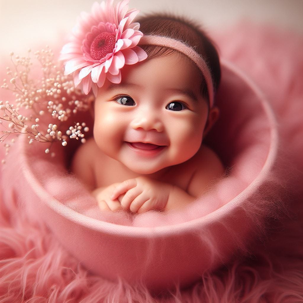 41. Prompt:
 a smiling indonesian baby in the bucket pink flower, white rasfur c...