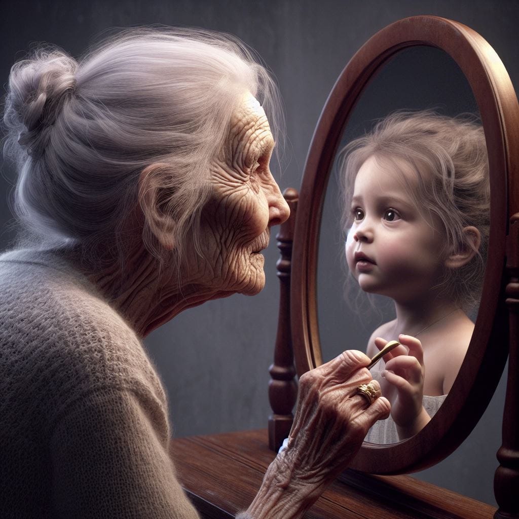 427. PROMPT:
 A hyper-realistic old woman looking into a mirror, she sees the re...