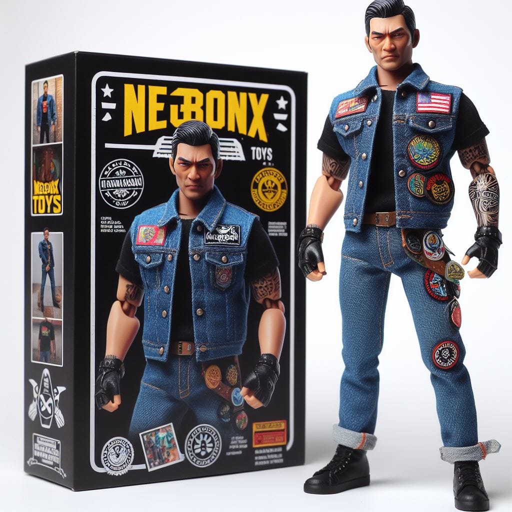 44. Prompt:
 The image features an action figure dressed in a blue denim vest ad...