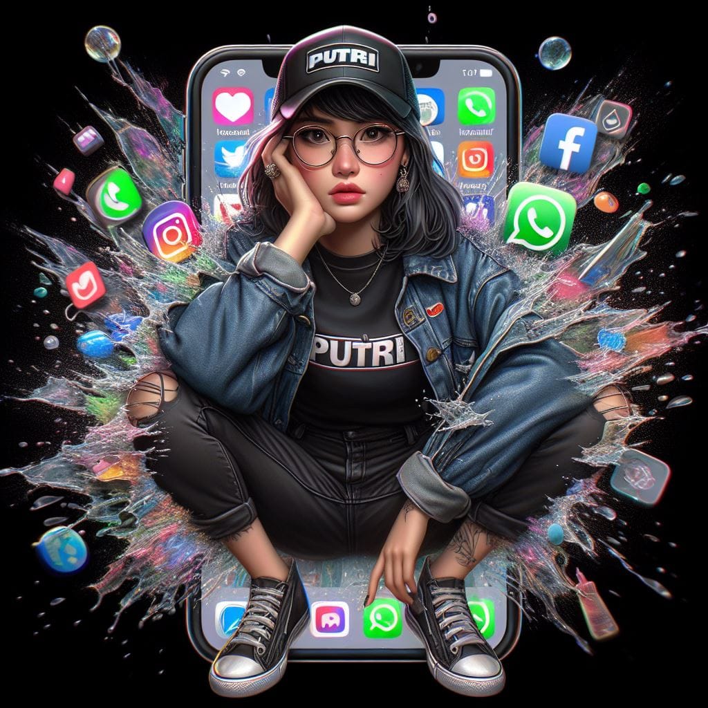 446. PROMPT:

indonesian lady with glasses, wears a black t-shirt cap, written "...