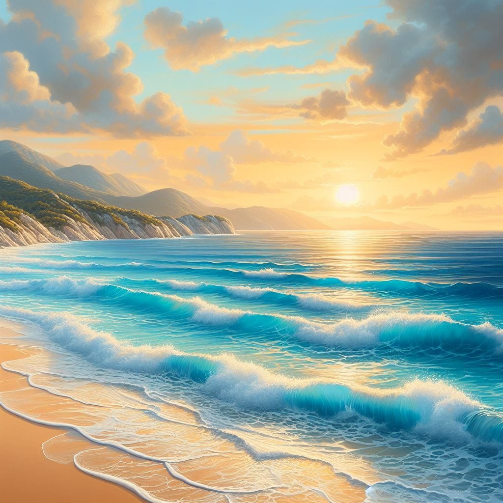 451. PROMPT:
 "A serene coastal scene featuring azure waves, a beige sandy beach...