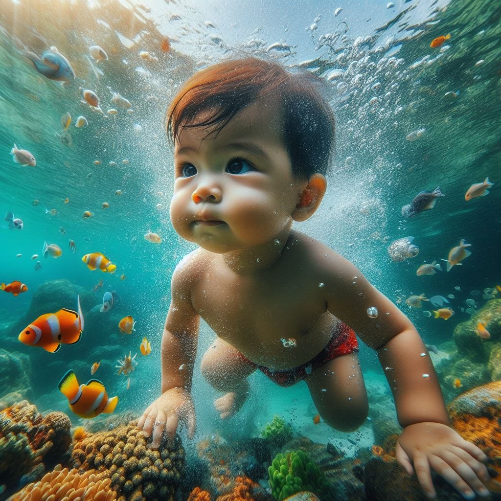475. PROMPT:
 bayi Indonesia, umur 2 tahun menyelam di air yang jernih, didalam ...