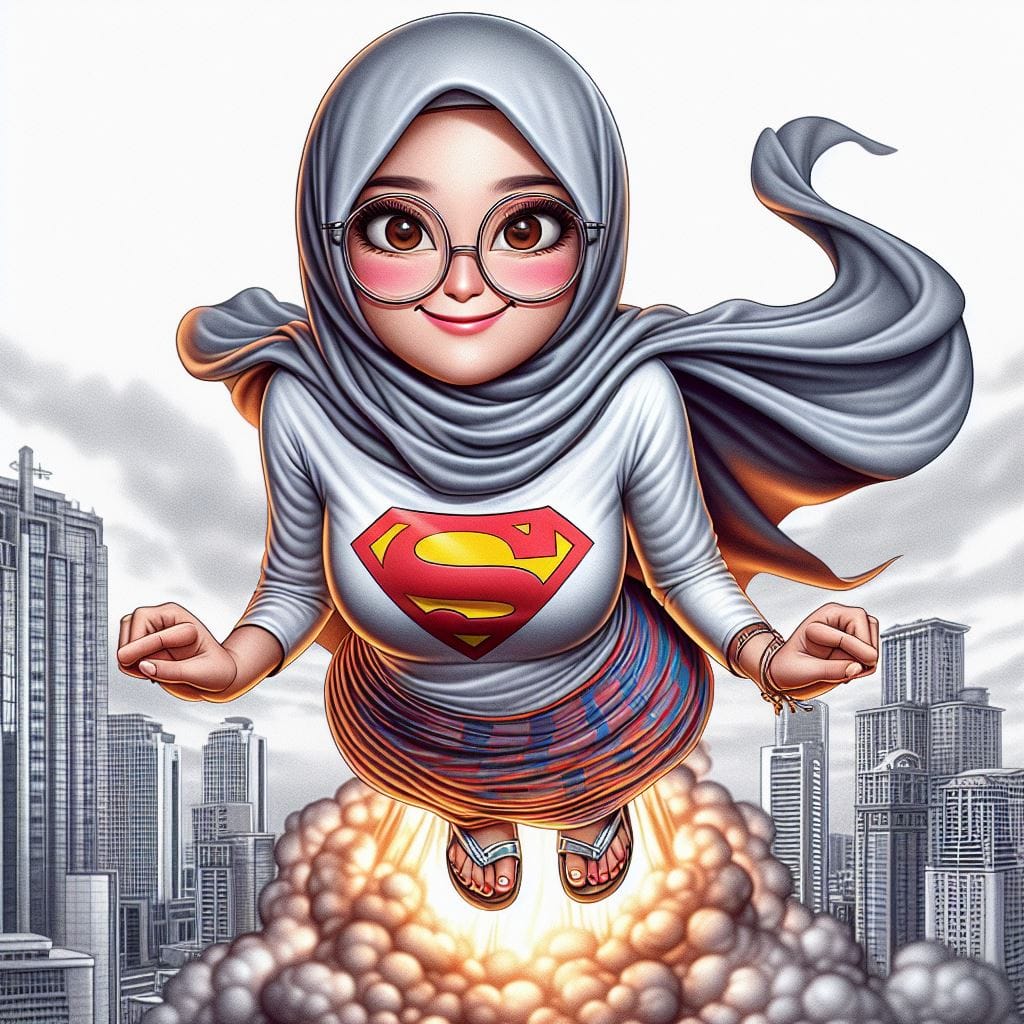 500. PROMPT:

seorang wanita muslim cantik wajah lucu dan menyebalkan, terbang s...