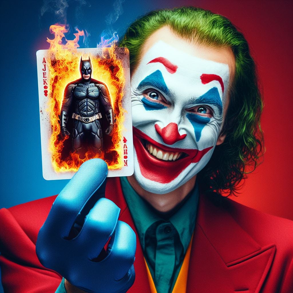 513. PROMPT:
 An joker with cringe smiling is holding a photo of a batman floati...