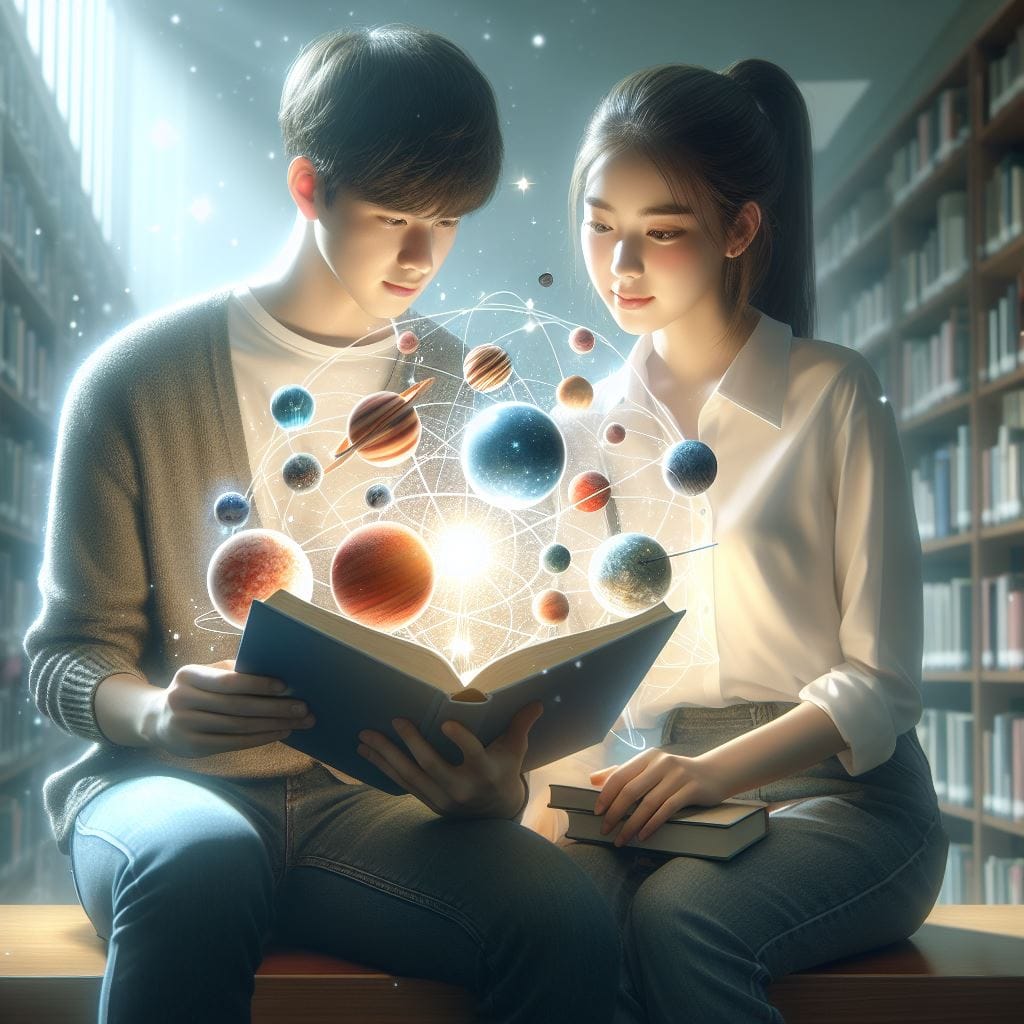 537. PROMPT:
 A male and female student sitting together reading a book from a b...