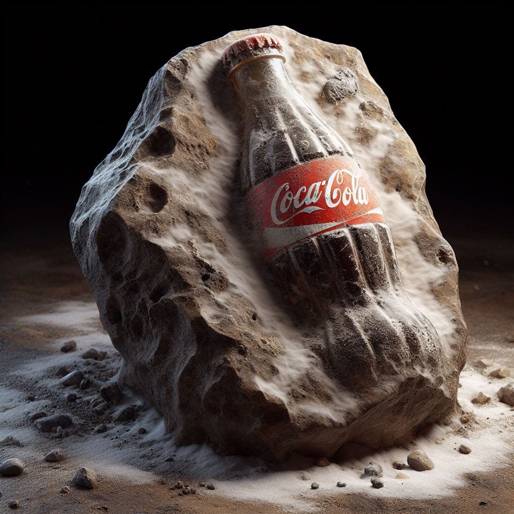 542. PROMPT:
 Hyper-realistic image of a {coca cola} encased in a rock, very soi…