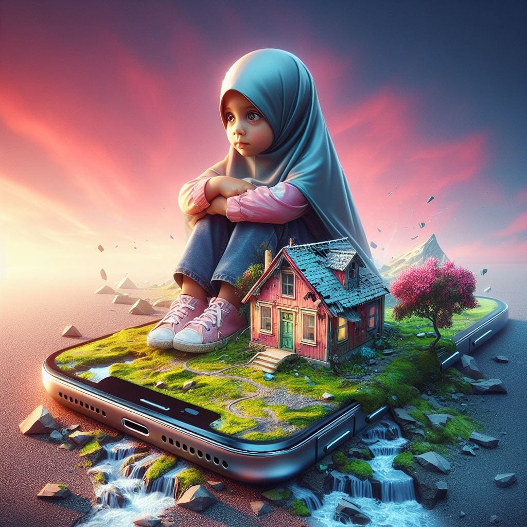 555. PROMPT:

a child hijab house sitting on top of a broken cell phone, technol...