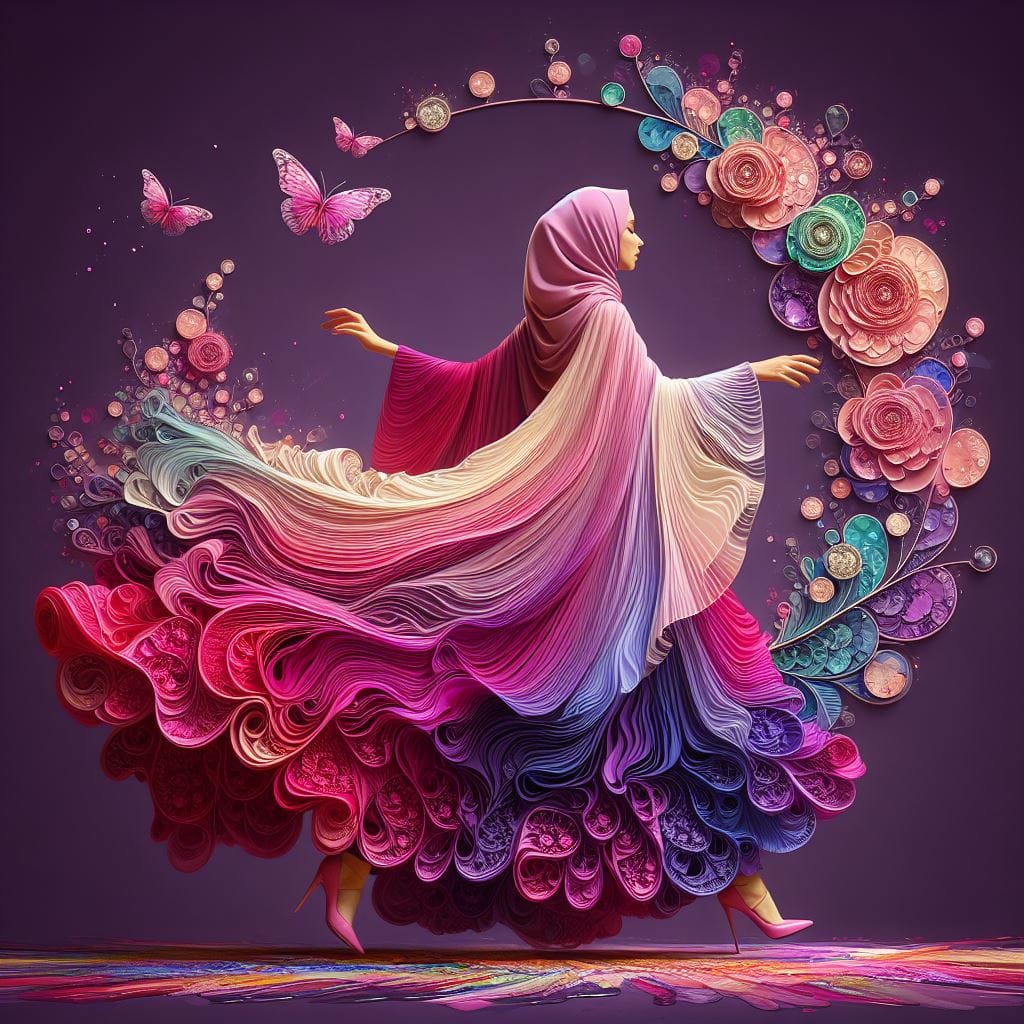 570. PROMPT:
 A beautiful girl in hijab in flowing, wearing a colorful layered l...