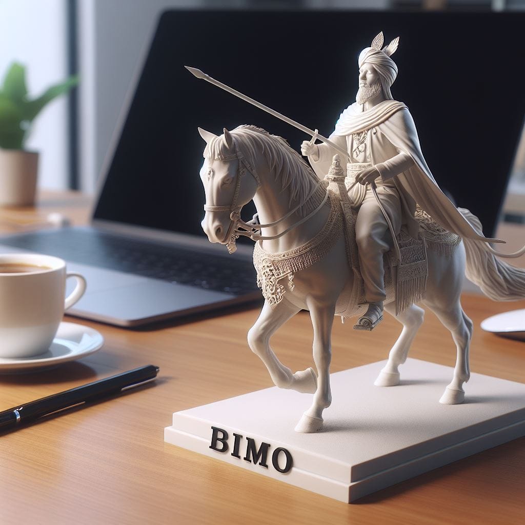 573. PROMPT:
 Sebuah miniatur realistic bertuliskan 'BIMO' sosok seorang pria In...