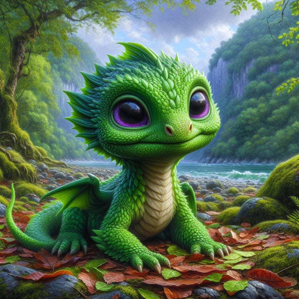 581. PROMPT:

A small, green, baby dragon sitting amidst leaves on the ground in...