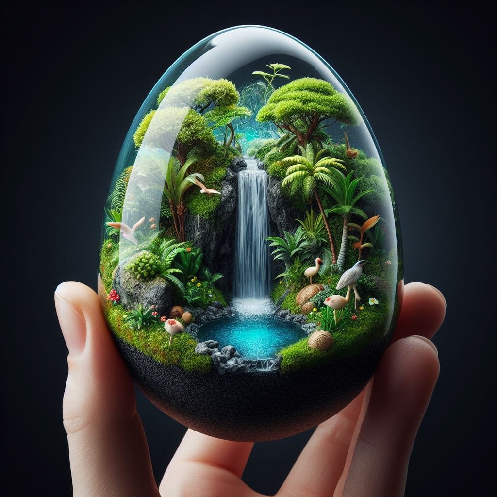 583. PROMPT:
 generate an image of a resin egg with a miniature rainforest ecosy...