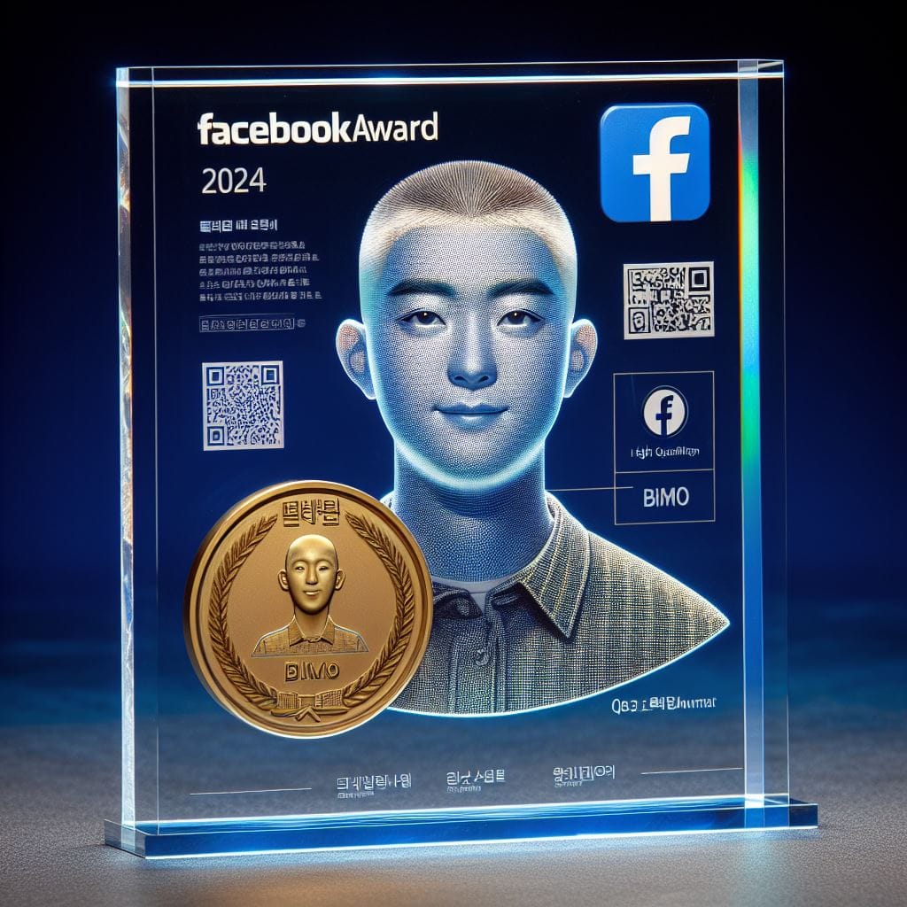 587. PROMPT:
 a transparent plaque labeled "FACEBOOK AWARD 2024", with a small g...