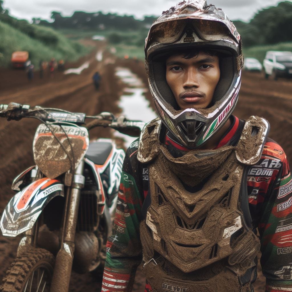 598. PROMPT:
 seorang cowok indonesia pembalap motocross lengkap dengan atribut …