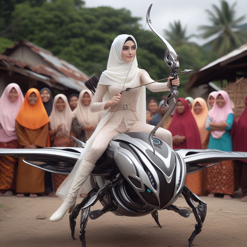 613. PROMPT:

seorang wanita berwajah cantik round indonesia, duduk diatas robot...