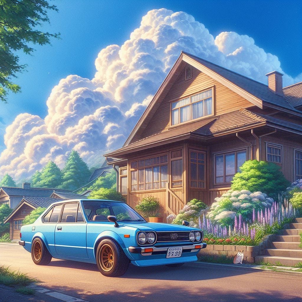 619. PROMPT:
 a blue car parked in front of a house, a picture, inspired by Mako...