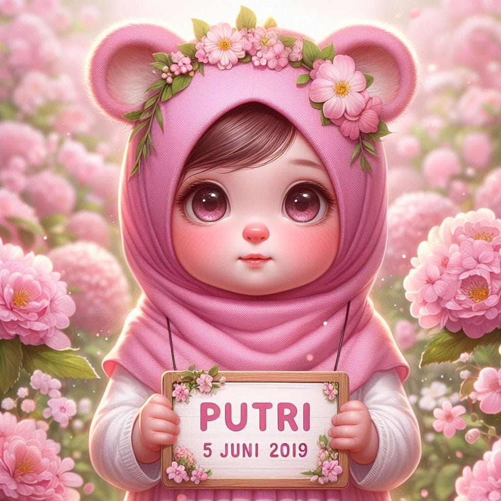 63. Prompt:
 a cute child wearing a pink hijab with animal ear's, plump cheeks, ...