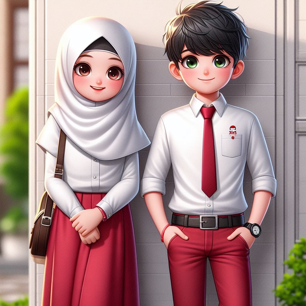 64. Prompt: a cute boy and hijab girl in a uniform standing next to a wall, smil...