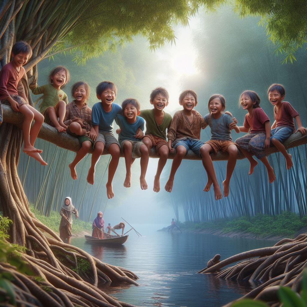 680. PROMPT:
 Realistic 3D photo, Indonesian Sundanese village children, hanging…