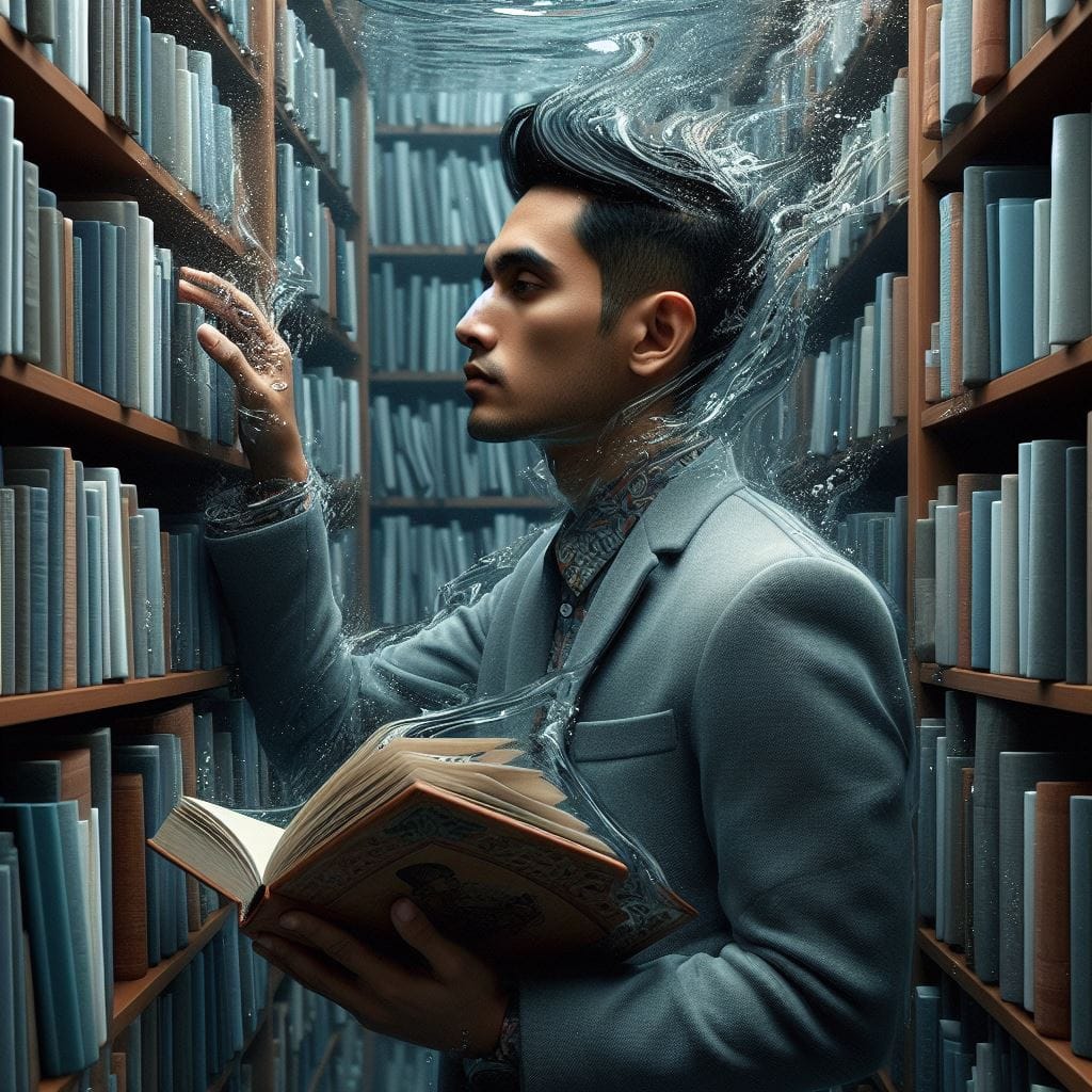 692. PROMPT:

an indonesian man with short neat hair looking at a book on a book...