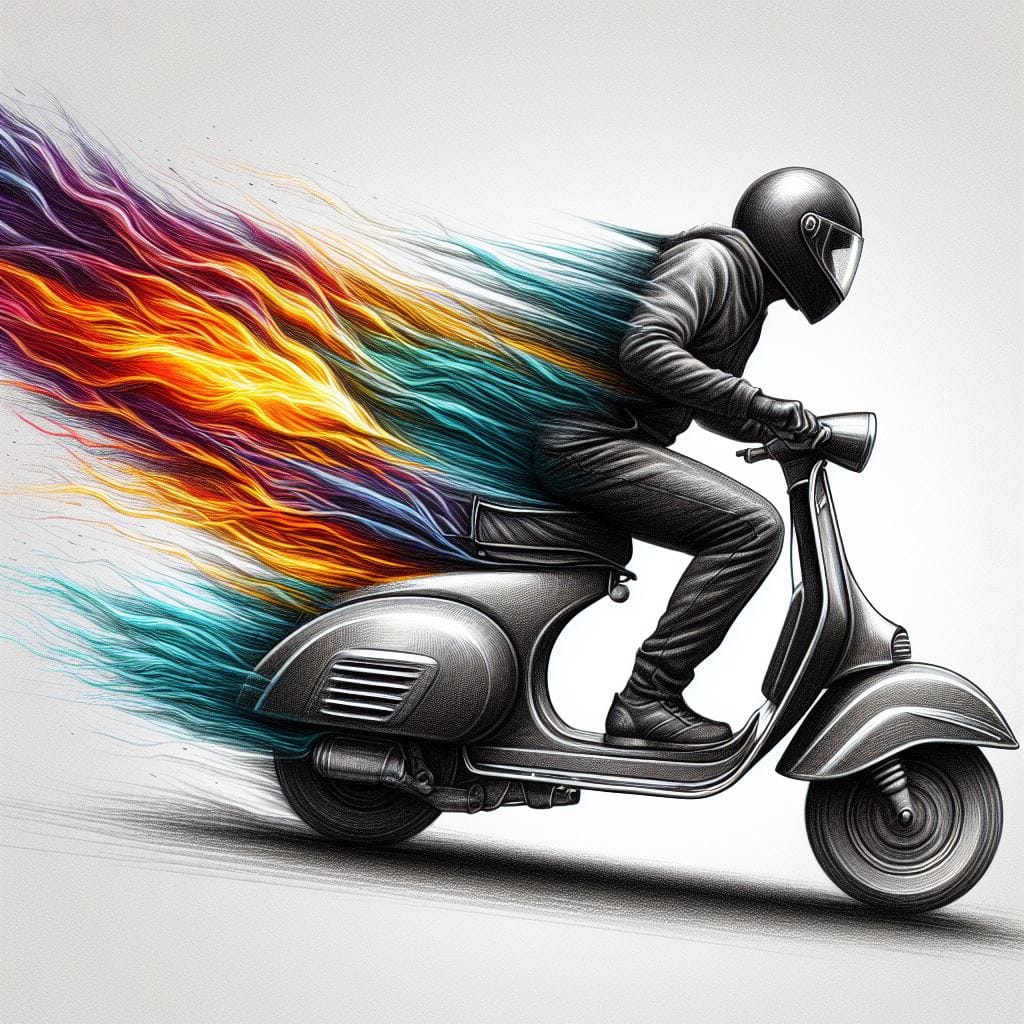 693. PROMPT:
 Pencil sketch drawing of a man speeding riding vespa there's color...