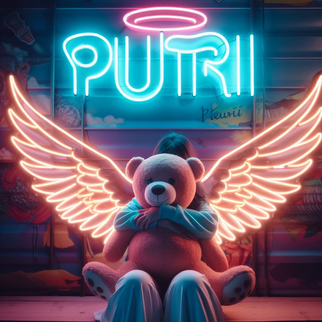 712. PROMPT:
 a girl hug a teddy bear sitting in front of a neon sign that says …