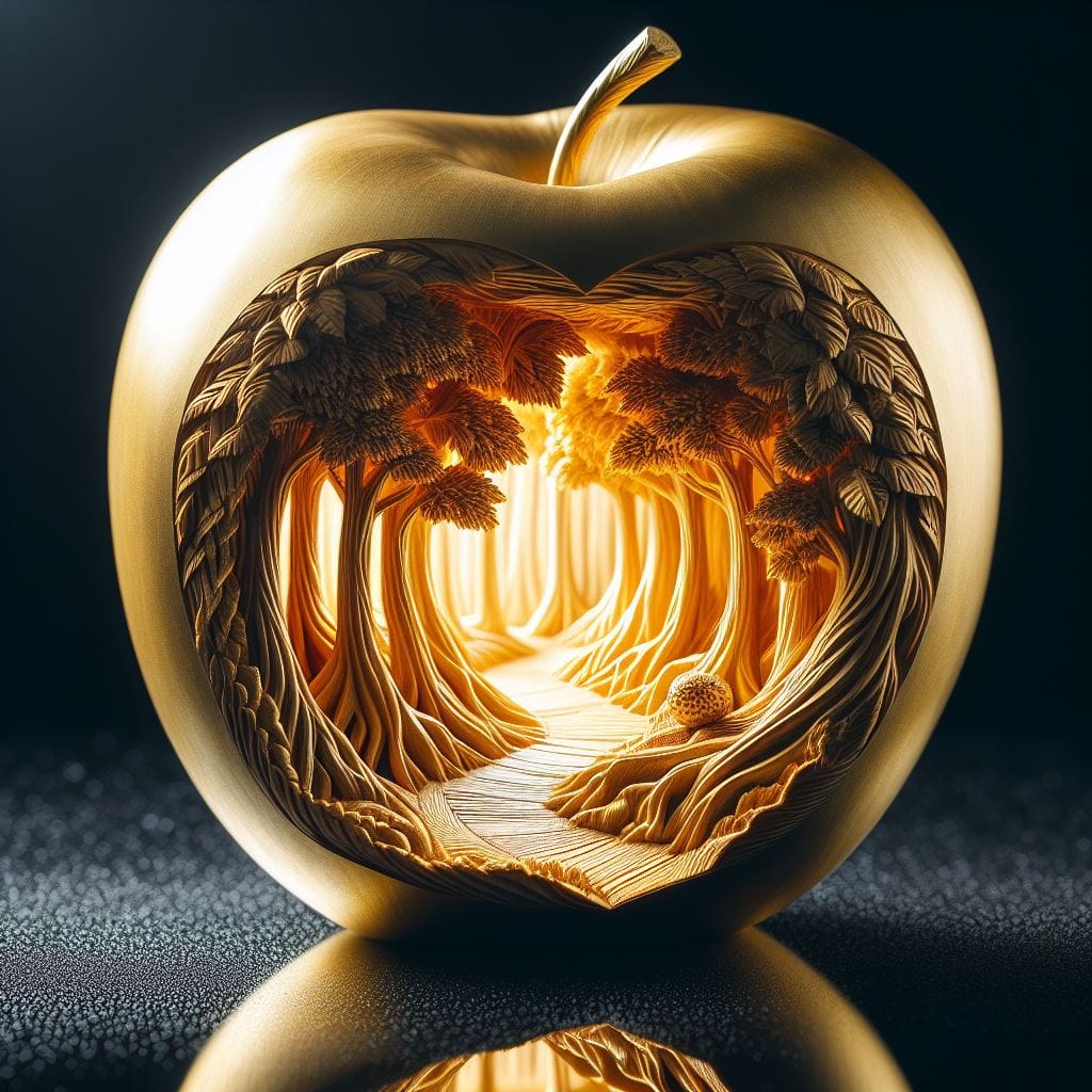 746. PROMPT:

Craft an image of a golden apple, its surface intricately carved t...