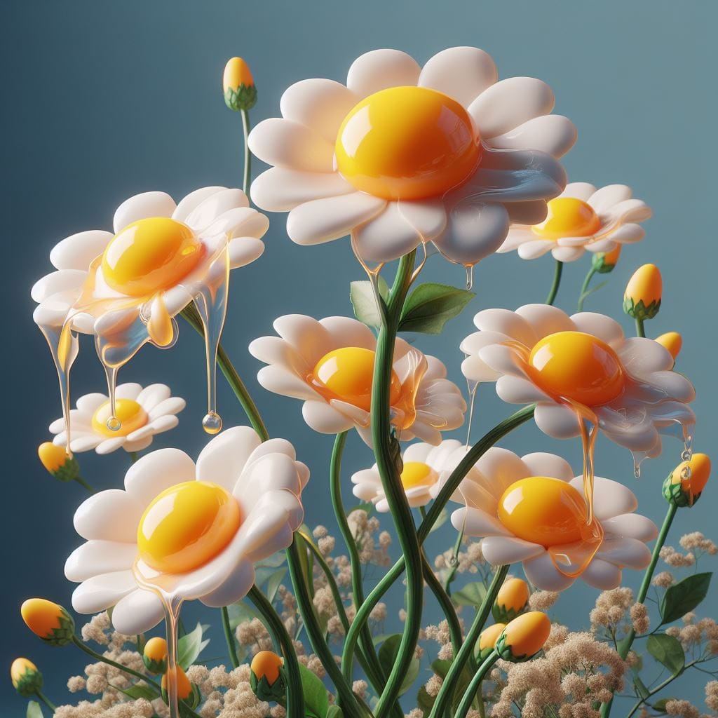 749. PROMPT:
 Create a photorealistic 3d image of fried eggs on flower stems