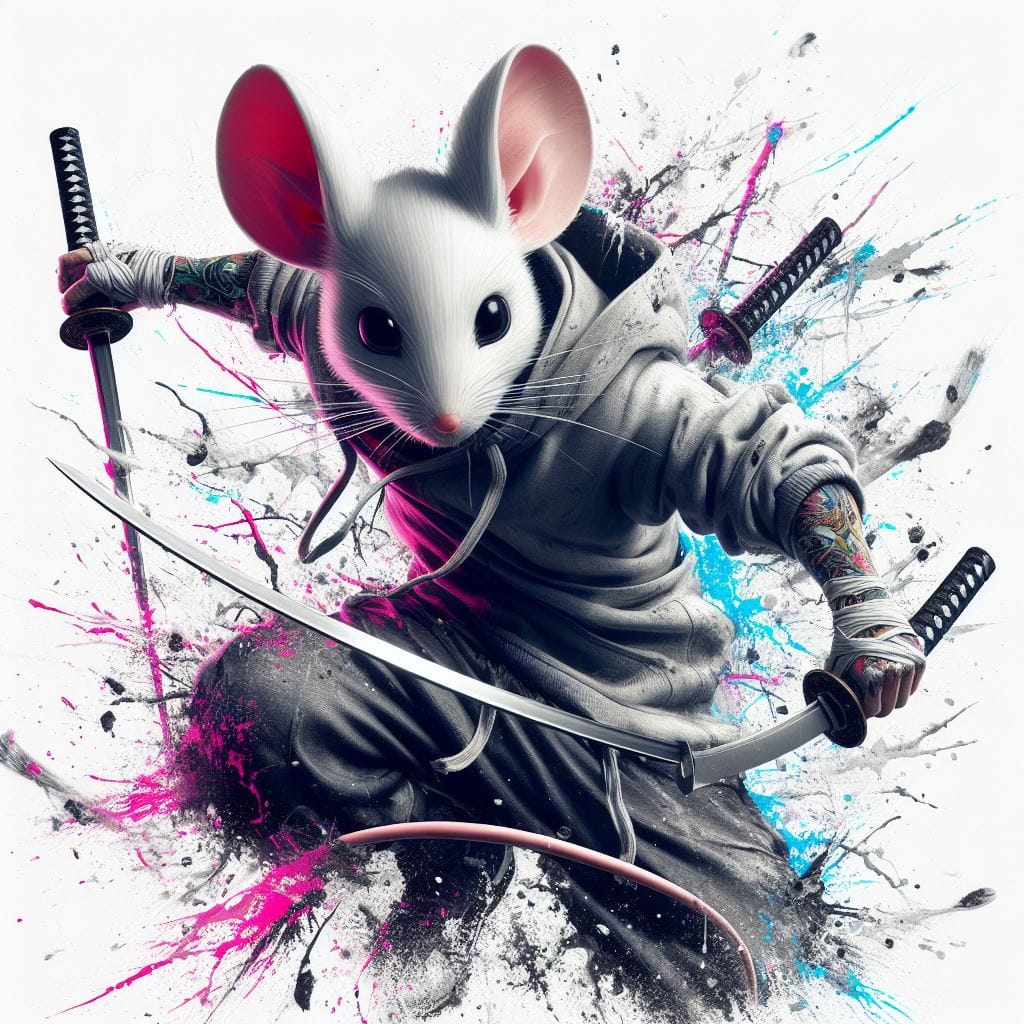 750. PROMPT:
 abstract motion of anthropomorphic white mouse, grunge, in urban b...