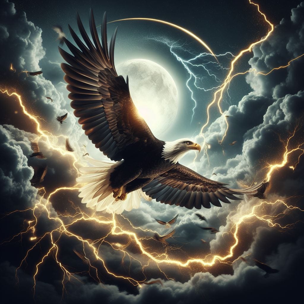 763. PROMPT:
 An eagle flying in a stormy sky with lightning and gold accents