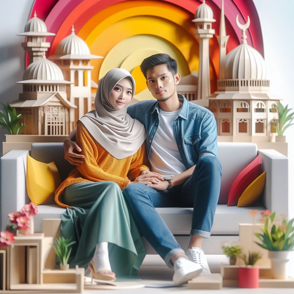78. Prompt:
 a Muslim Indonesian couple, husband and wife, 24-years-old, sitting...