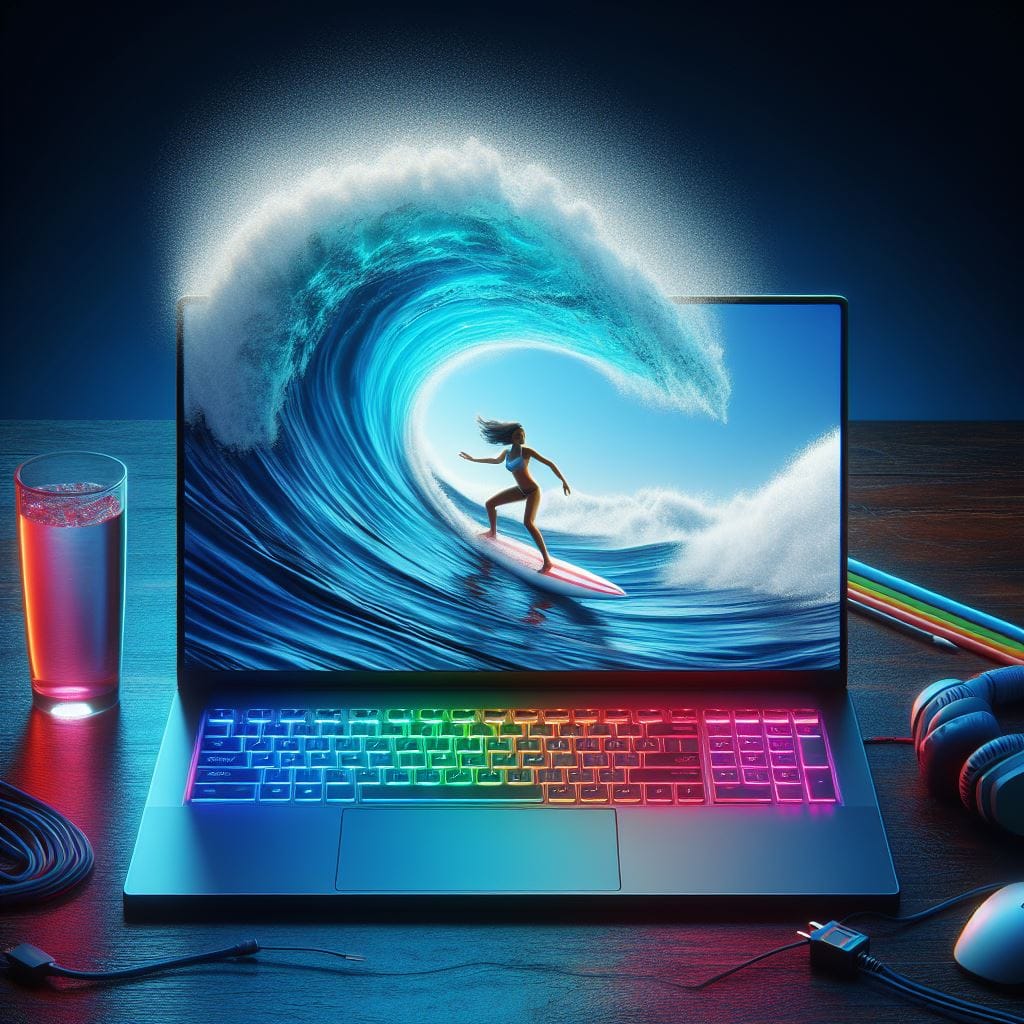790. PROMPT:
 a large wave emerging from the screen of a gaming laptop with rgb ...