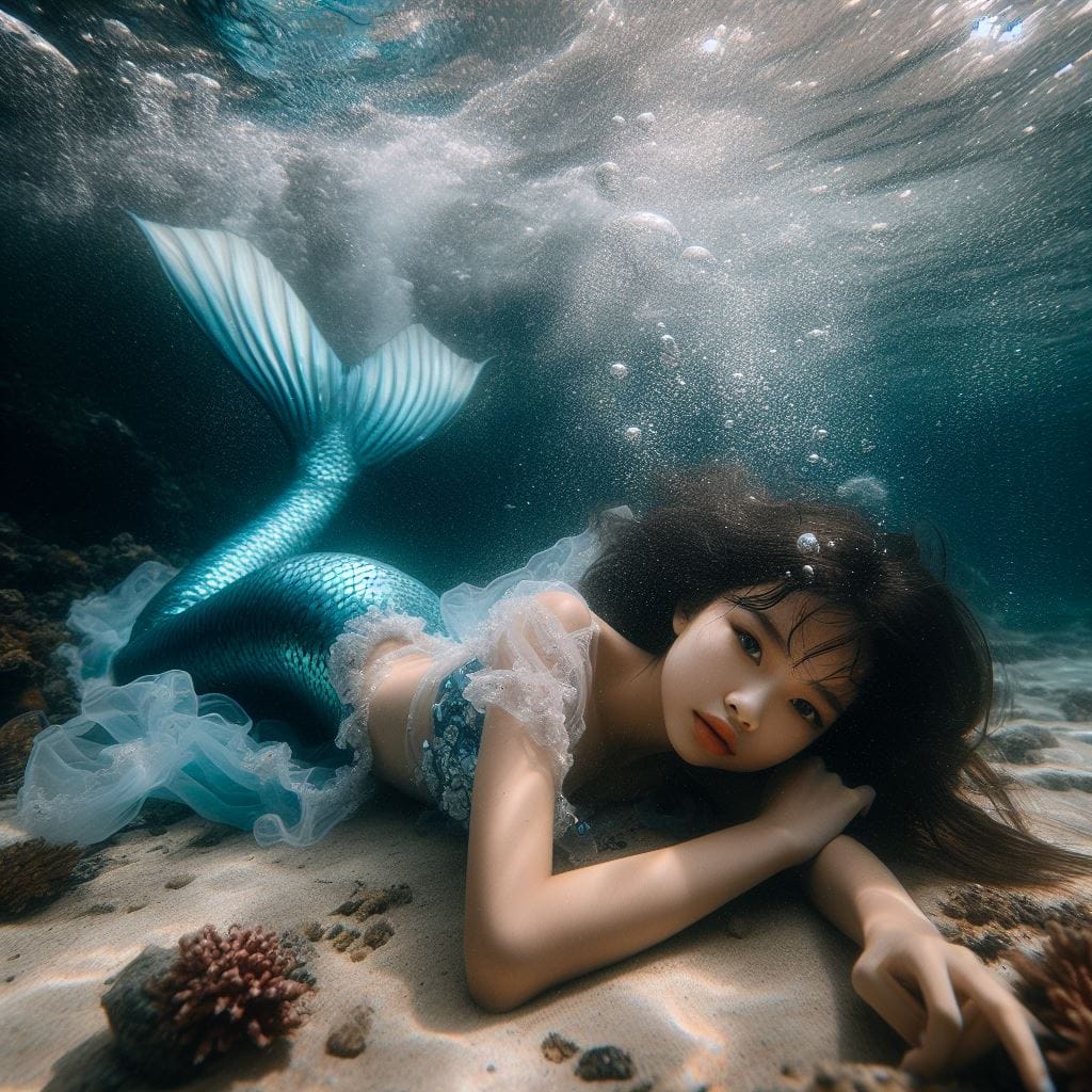 809. PROMPT:

indonesian young girl 15 yo, full length mermaid laying on the sea...