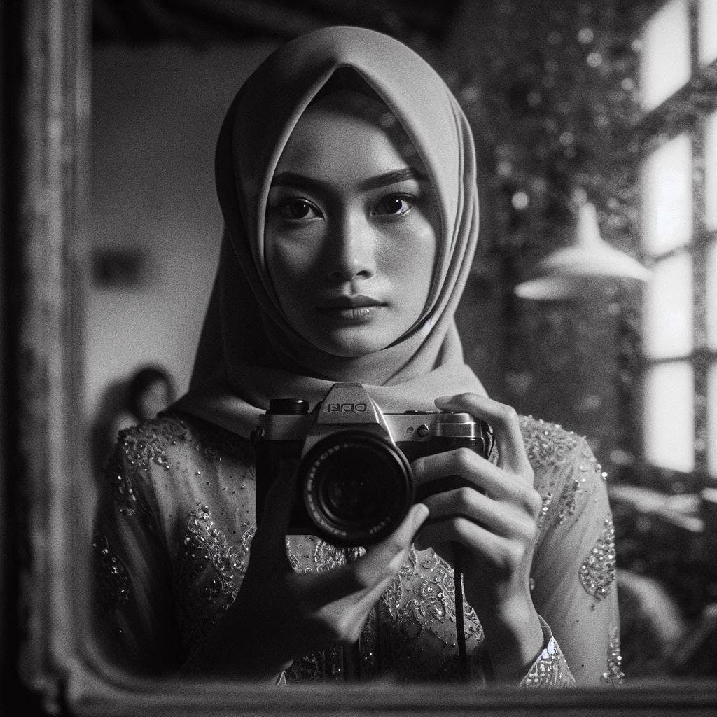 811. PROMPT:
 A grainy reflection in an old mirror, showing an Indonesian woman ...