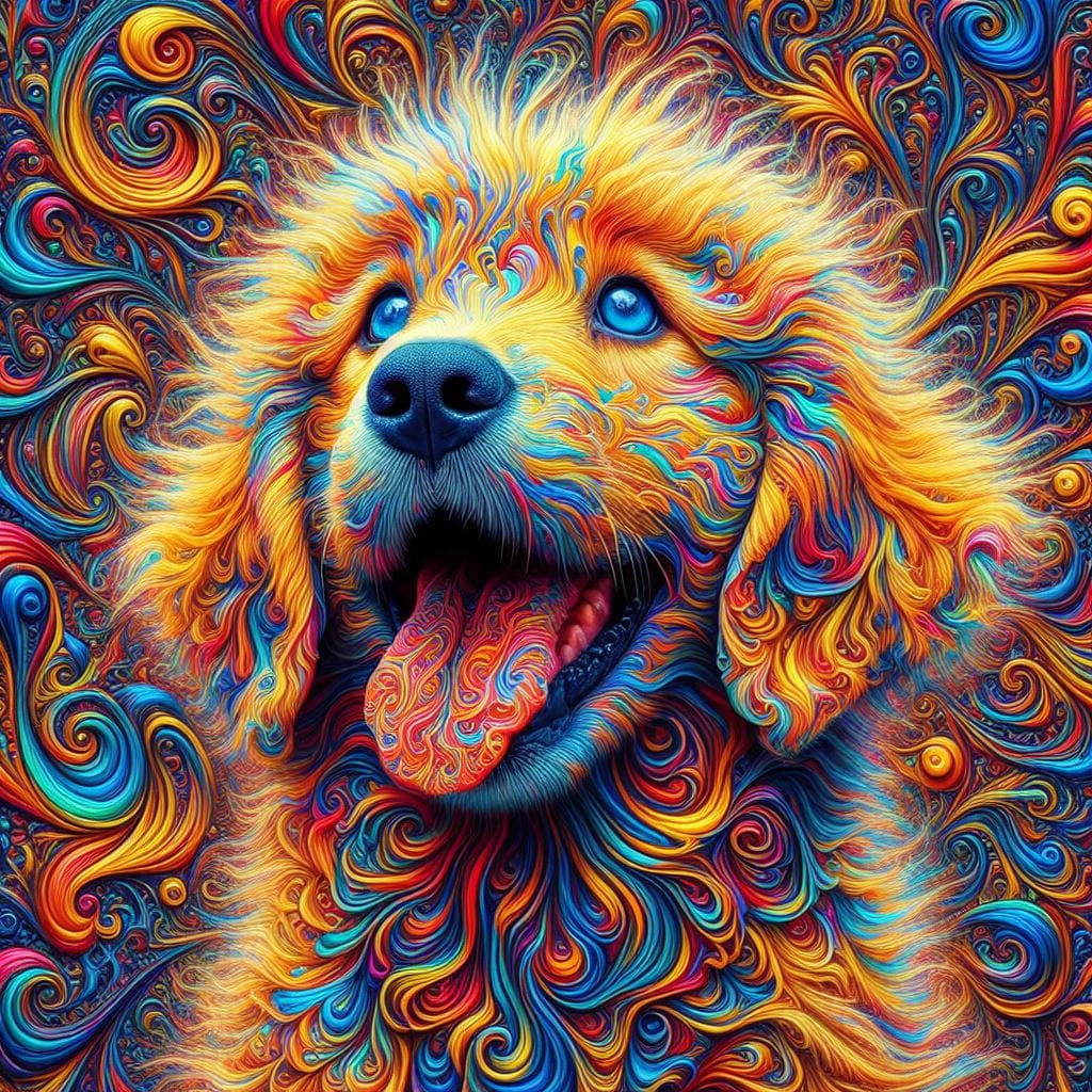 819. PROMPT:

A psychedelic portrait of a golden retriever puppy with wild hair ...