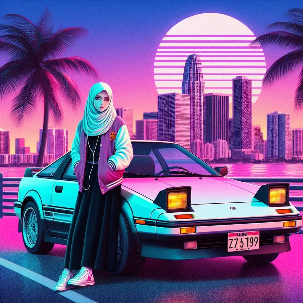 823. PROMPT:
 A 1980s scene featuring a Toyota MR2 against a Miami skyline with ...