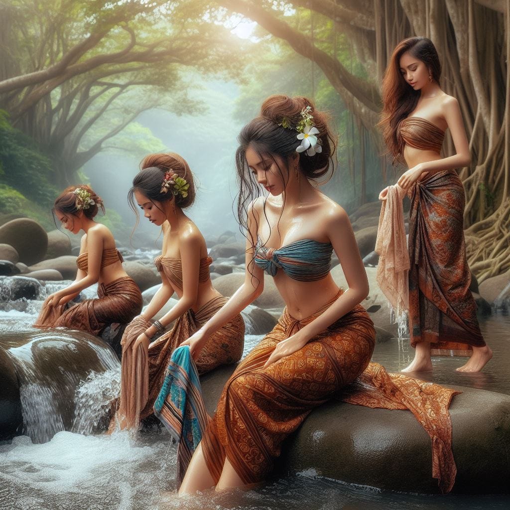 852. PROMPT:
 beberapa perempuan cantik asal Indonesia, memakai sarung di badan,...