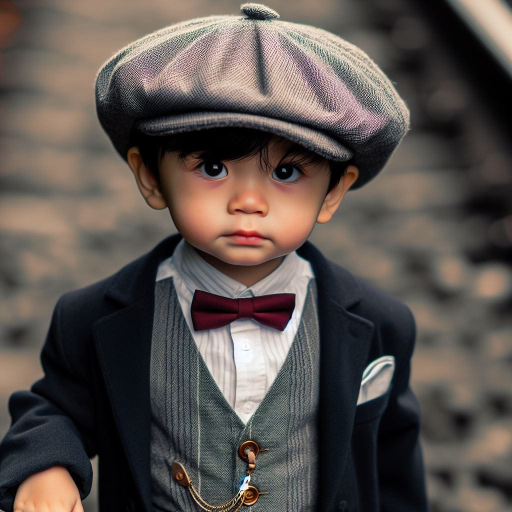 862. PROMPT:
 A two-year-old Indonesian boy dressed like Thomas Shelby from the ...
