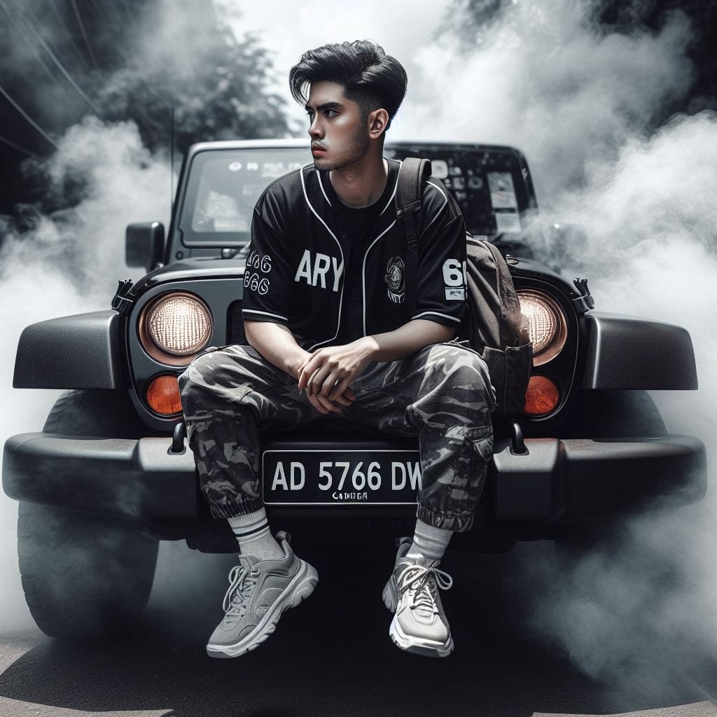 868. PROMPT:

an Indonesian man with short hair sitting on car hood black jeep w...