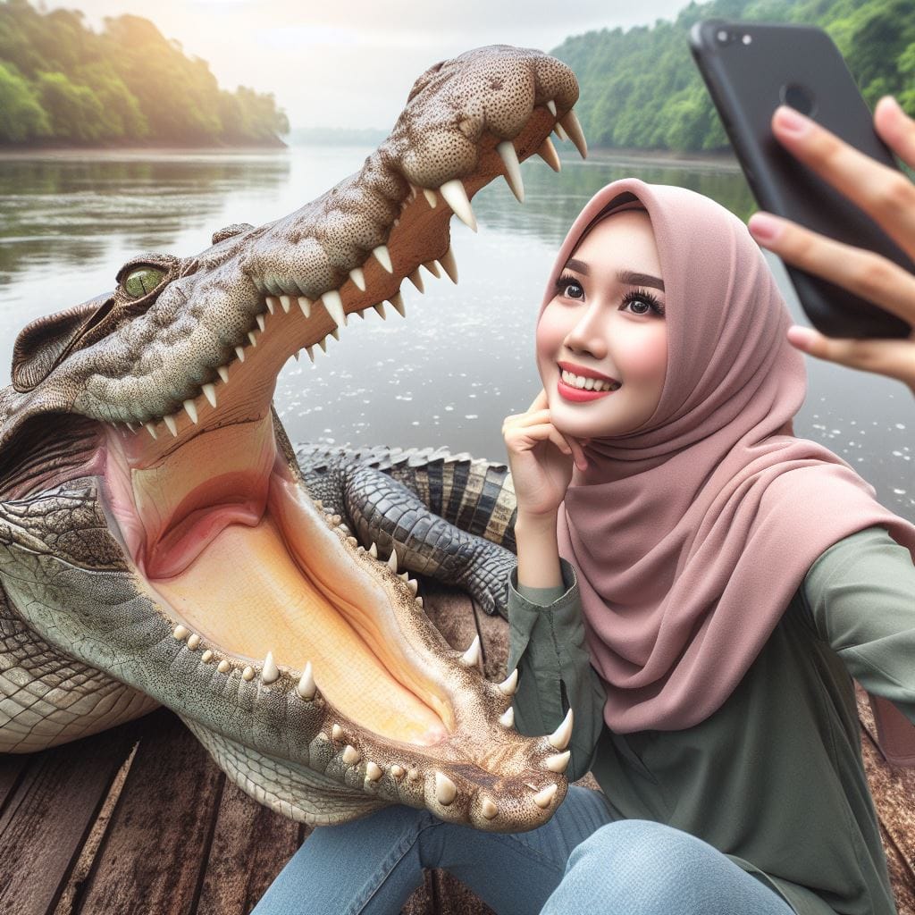896. PROMPT:
 wanita asia memakai hijab, wajah bersih, sedang selfie dengan buay...